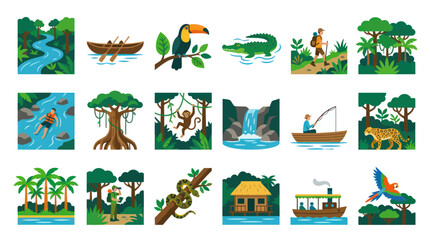 Obraz premium Flat Vector Icons of Amazon Jungle Rainforest Wildlife, Animals, and Nature Adventure Activities Set