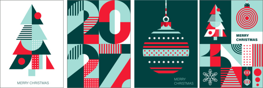 Geometric Christmas and New Year Vector Cards Set