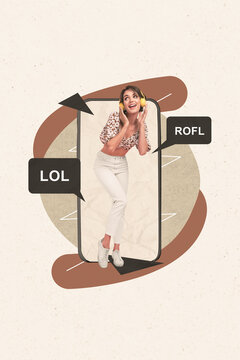 Vertical 3d zine collage of happy girl stand phone gadget screen rofl lol bubble notification chat communication messenger