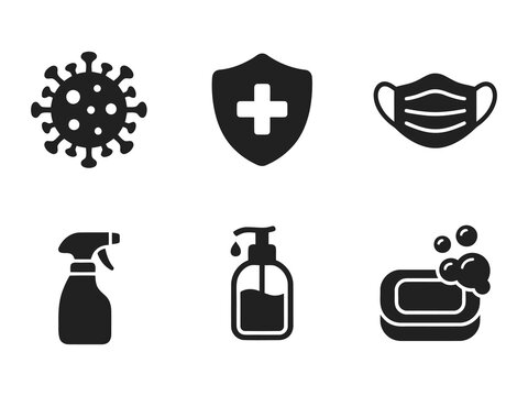 Set of black hygiene and health icons including virus shield face mask soap and sanitizer spray