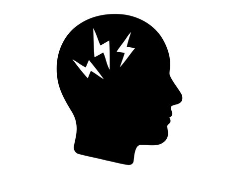 Black silhouette of a human head with lightning bolt icons representing a headache or migraine