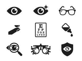Set of black eye care and vision icons for ophthalmology medical and optical clinic services © alien AZ