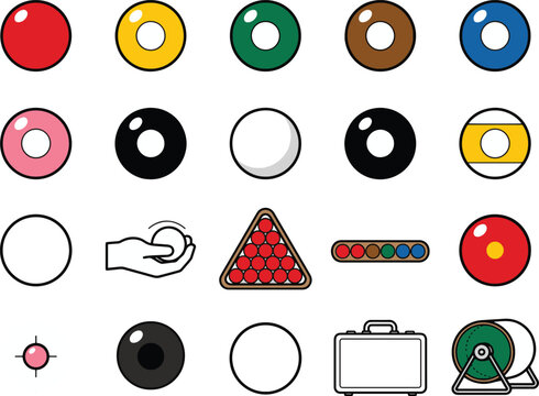 A collection of billiard balls and accessories, depicted in a clean, graphic style, showcases the essential elements of the game.