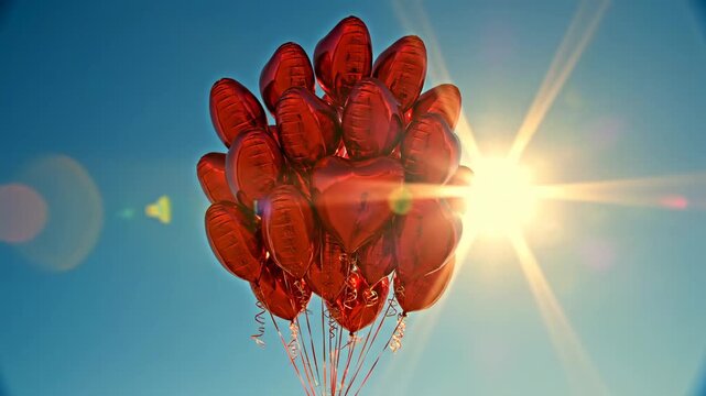 Giant red balloons float in the sky near the sun on a clear day in the city park