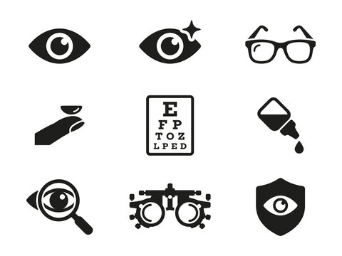 Set of black eye care and vision icons for ophthalmology medical and optical clinic services