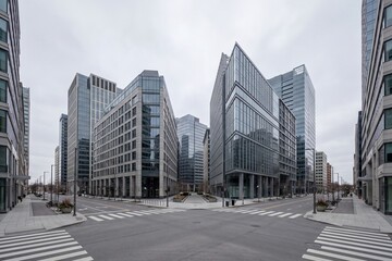 Fototapeta premium Empty city street intersection with zebra crosswalk and modern office buildings