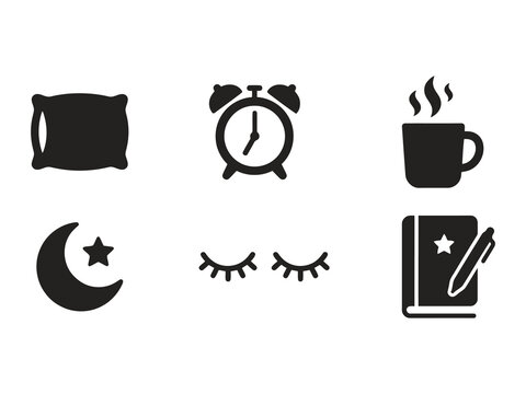 Set of black sleep and night routine icons including pillow clock coffee moon eyes and journal