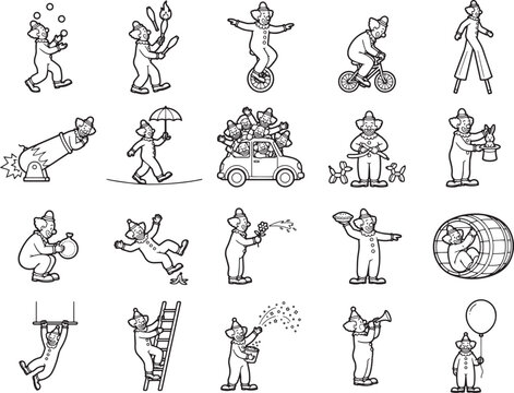 A collection of humorous cartoon illustrations depicting various circus acts performed by a playful character, showcasing a sense of fun and amusement.