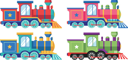 Colorful Vintage Toy Steam Locomotive Train Icon Set with Classic Engines and Star Details for Kids Playroom and Education Designs © Mst