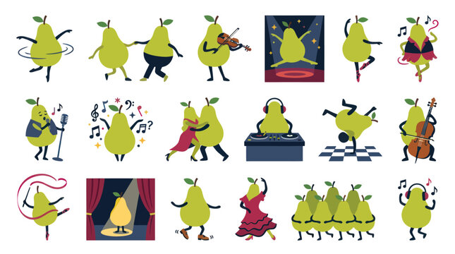Flat Cartoon Pears Performing Arts Vector Illustration. Cute Food Characters Dancing, Singing, Playing Music, DJing.
