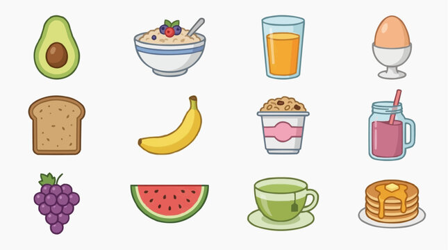 A collection of breakfast food icons, including fruit, oatmeal, and eggs, for the concept of healthy eating and morning meals.