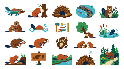 Obraz premium Flat Design Beaver Wildlife Vector Illustrations Set: Animal Life, Dam Building, Lodge, and Nature Elements