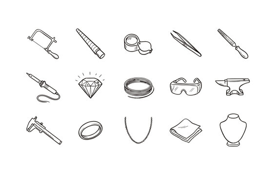 Goldsmith and jewelry design icon set featuring ring sizer soldering iron magnifying glass anvil chain gemstone and polishing supplies