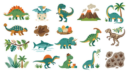 Obraz premium Cute Dinosaurs Flat Illustration Vector Collection. Prehistoric Animals, Volcanoes, Eggs, and Footprints for Children's Education.