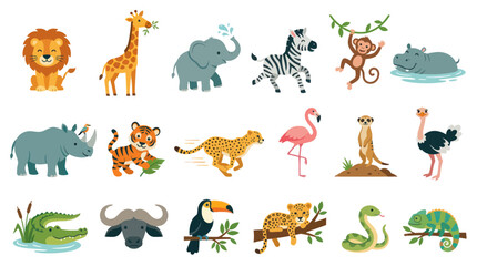Obraz premium Cute Safari Animals Vector Collection: Lion, Giraffe, Elephant, Zebra, Monkey, Hippo