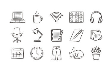 Fototapeta premium Remote work lifestyle icon set featuring laptop wifi video call setup office chair stationery and coffee break