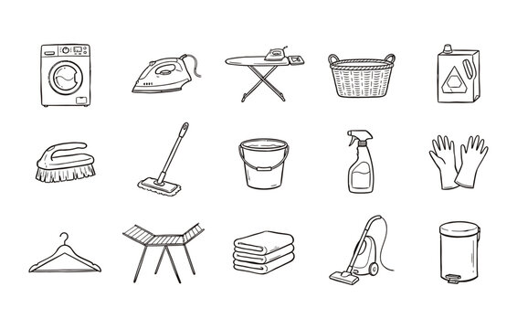 Laundry and cleaning icon collection showcasing essential house chores equipment clothing care tools and maintenance items