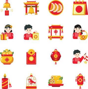 Traditional Chinese celebration icons featuring bells, lanterns, food, gifts, carts, candles, ornaments, and festival accessories. 
