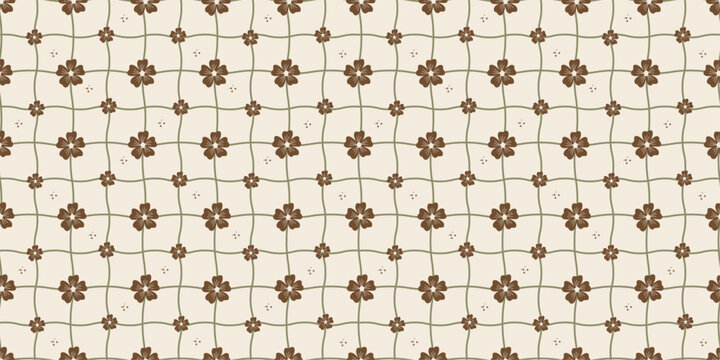 Retro Floral Grid Seamless Pattern Earthy Brown Organic Checkered Background