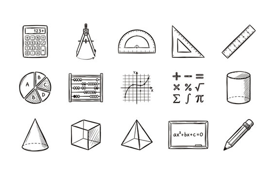 Mathematics and geometry icon collection showcasing calculation tools 3d shapes and academic study symbols