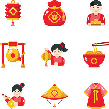 Chinese New Year icons featuring lanterns, money symbols, traditional clothing, calligraphy, festive foods, and cultural accessories. 