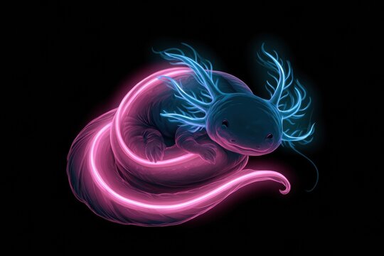 An axolotl shows its curled body in a relaxed position with pink neon colors and blue glowing gills on a black background