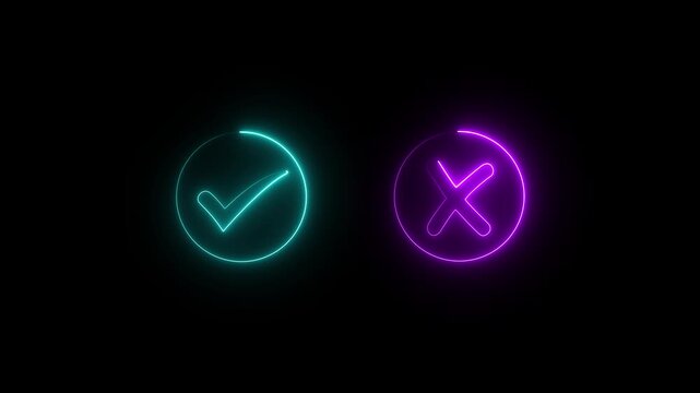 glowing neon Tick or check mark icon on Black Background . right and wrong animated neon icons, False and true. Correct and incorrect, 4k motion video