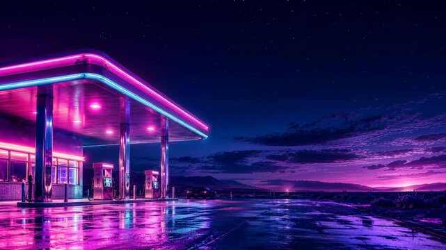 Desolate gas station glows with neon lights under a sunset sky. Retro synthwave style road landscape with reflections on wet pavement at night in desert area