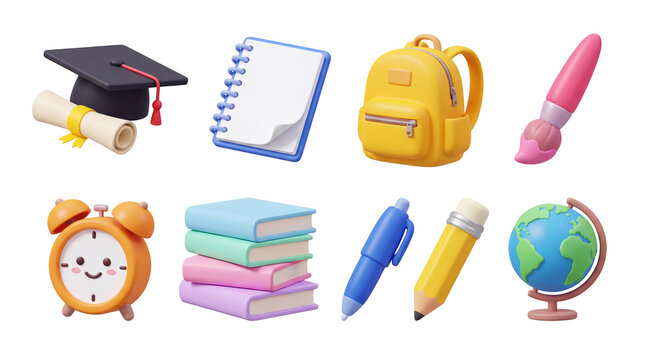 3d school supplies collection icons set on transparent background