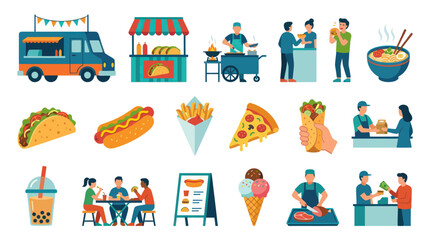 Fototapeta premium Flat Vector Street Food Service Elements Illustration Set: Food Trucks, Fast Food, Vendors Customers Concepts