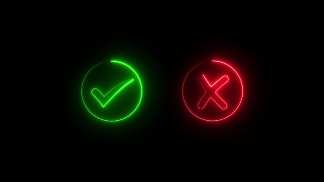 glowing neon Tick or check mark icon on Black Background . right and wrong animated neon icons, False and true. Correct and incorrect, 4k motion video