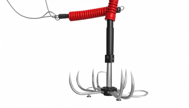Metal grappling hook with red coiled hose, suspended by wire