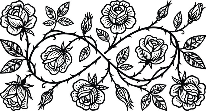 Detailed black and white rose infinity symbol a traditional floral ornament with thorny vines and leaves perfect for vintage designs tattoo art or decorative elements