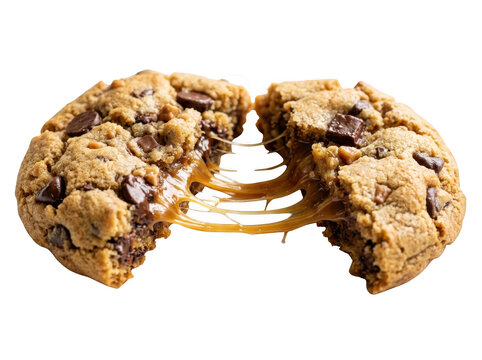 Gooey chocolate chip cookie with caramel pull isolated on transparent background