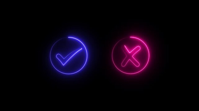 glowing neon Tick or check mark icon on Black Background . right and wrong animated neon icons, False and true. Correct and incorrect, 4k motion video
