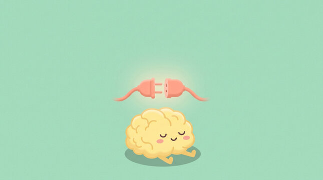 Cute Cartoon Brain with Power Cord Plugs Disconnecting