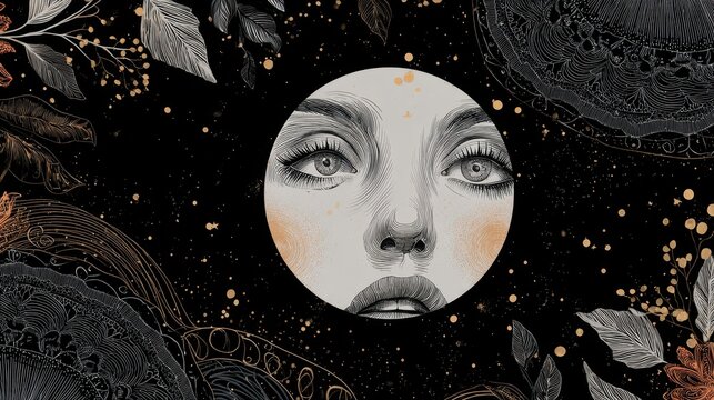 Modern magic witchcraft card with astrology moon sign with human face. Realistic hand drawing full moon vector illustration.