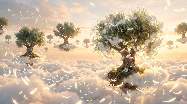 Surreal Fantasy Landscape with Floating Islands and Ancient Trees in a Dreamy Cloud Sky at Sunrise