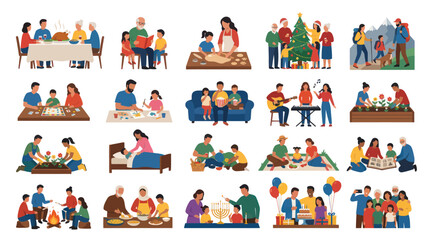 Fototapeta premium Flat Design Vector Set: Family Lifestyle, Activities, Holidays, and Togetherness Scenes