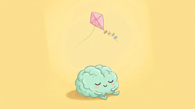 Cute Brain Character Flying a Kite with a Happy Expression