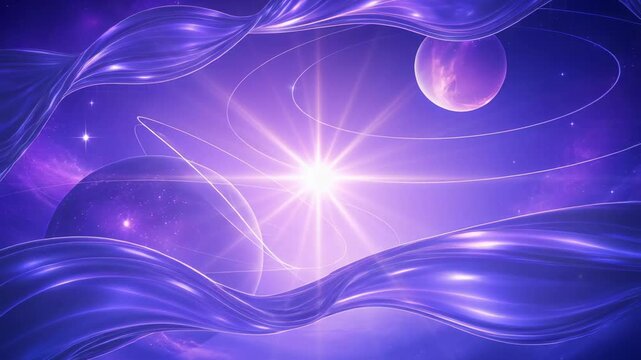 Radiant starburst within cosmic space. Abstract galaxy background with glowing star and planet. Futuristic universe light effect for science fiction environment