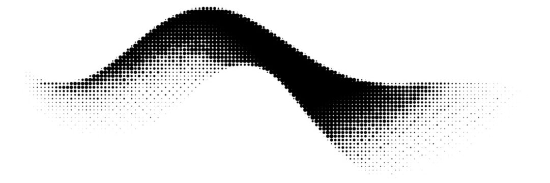 Black halftone wave vector, dotted gradient ocean ripple with pop art texture and distressed retro pattern. Abstract decorative graphic design element isolated on white background
