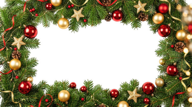 Christmas wreath frame with ornaments and pine branches isolated on transparent background