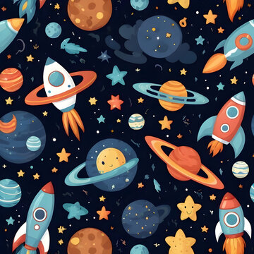 Seamless pattern for kids cute outer space theme cartoon rockets smiling planets shooting stars and constellations dark navy background with pastel accents playful vector design