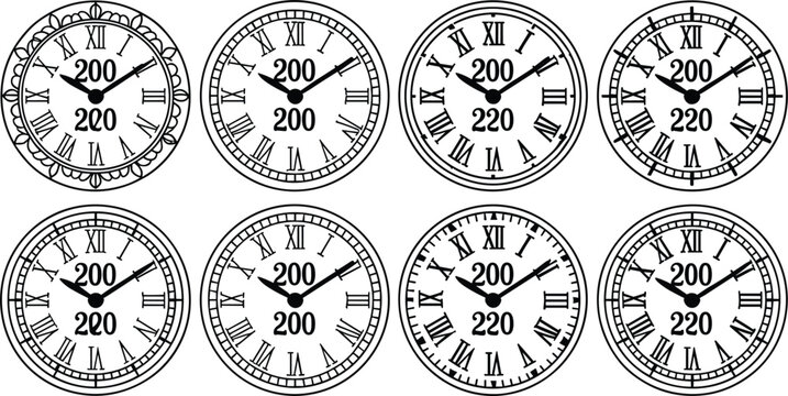 Vintage clock face vector set with classic roman numerals round antique dials and ornamental watch hands isolated on white