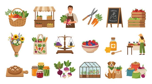 Agriculture and Farmers Market Flat Vector Icons Set. Fresh Produce, Farmer, and Healthy Food Elements Collection.