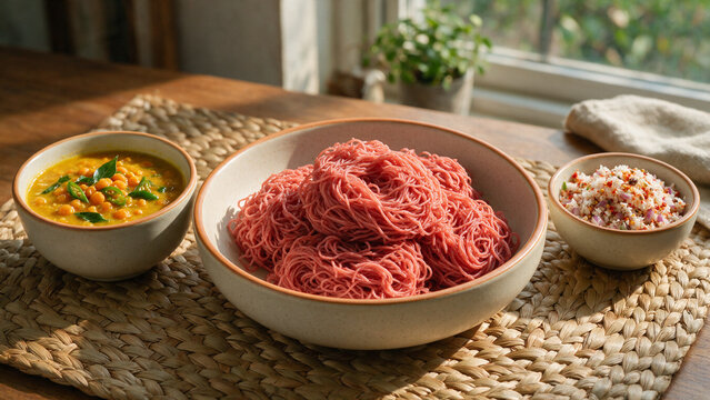 Healthy authentic Sri Lankan breakfast: Red rice string hoppers with dhal curry and pol sambol.