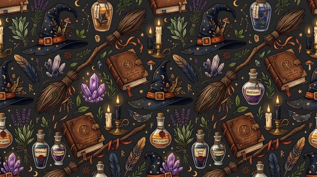 Magical Halloween Witchcraft Seamless Pattern Featuring Wizard Hats, Spell Books, Crystal Clusters, Potions, Candles, Brooms, Herbs and Mystic Symbols, Dark Fantasy Repeat Background Design