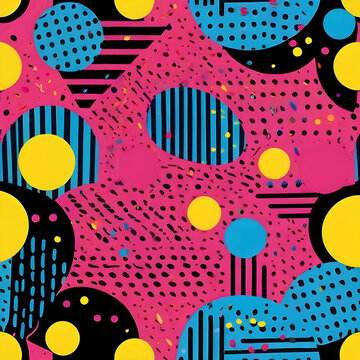 Seamless vector pattern 1980s Memphis style squiggly lines confetti grid patterns and bold geometric shapes vibrant neon pink electric blue bright yellow and black