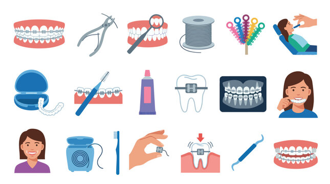 Orthodontics and Braces Flat Vector Icons Set. Dental Care Treatment, Tools, Patient Hygiene, and Procedure Collection